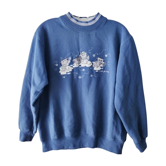 Y2K Cottagecore Cat Sweatshirt Vintage 90s Blue Embroidered Winter Pullover Sz S - Picture 4 of 10
